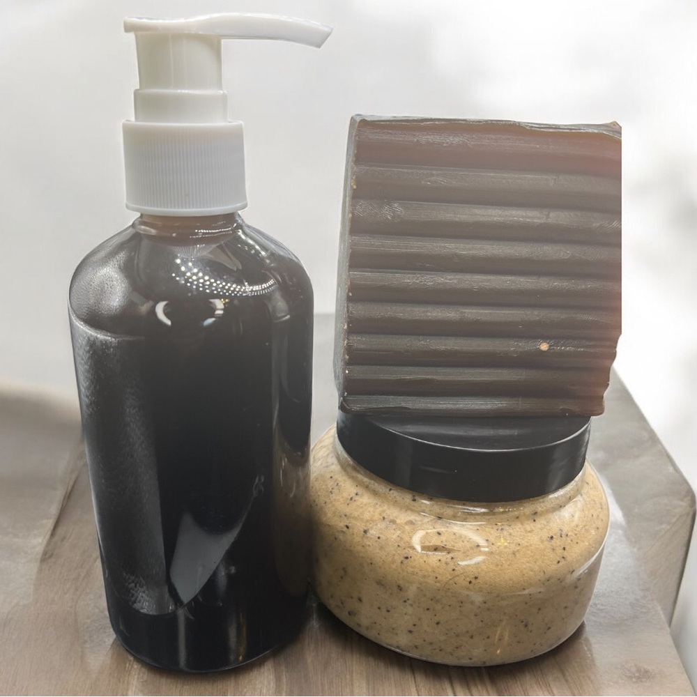 Coffee & Honey Natural Skincare Set with Pump Bottle, Soap, and Scrub